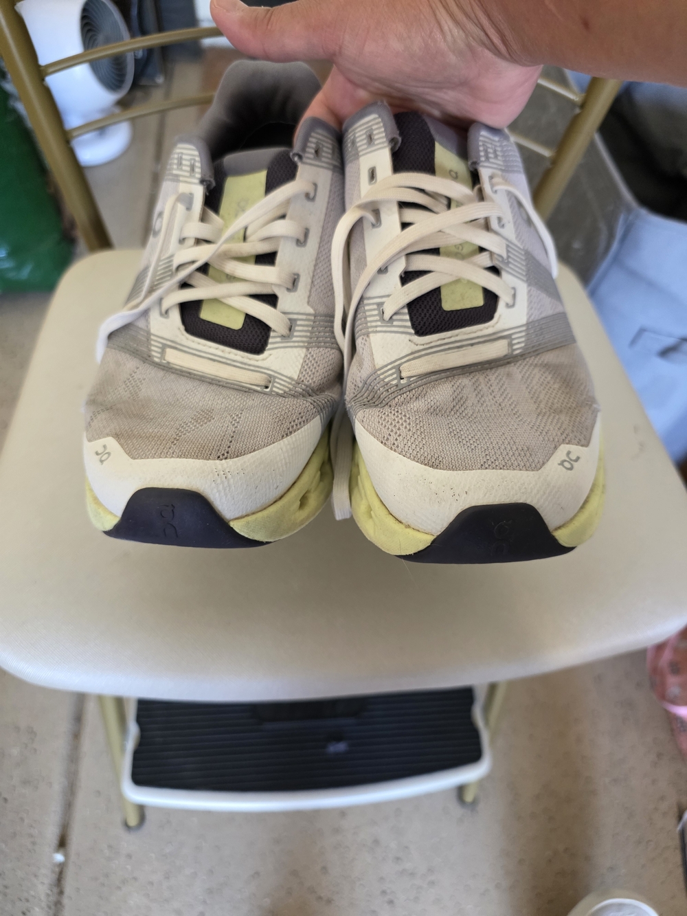 Light Gray and Yellow Running Shoes